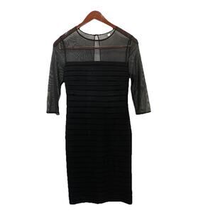 EUC Adrianna Papell Pleated Matte Jersey Sheer Upper 3/4 Sleeve Black Dress sz 6